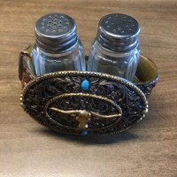 Western Longhorn Steer On Belt Buckle Salt And Pepper Shakers Set