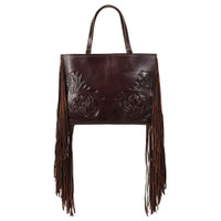 Victoria Brown Tooled Leather Fringe Tote Bag