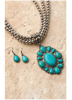 Silver Strike Silver Beaded Triple Strands with Turquoise Pendant Necklace and Earrings Jewelry Set