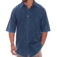 Distressed Denim Short Sleeve Button Up Shirt