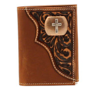 Western Wallet Trifold Leather Tooled Cross Concho Brown