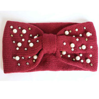 Ear warmer Knit Headband Maroon-Beads