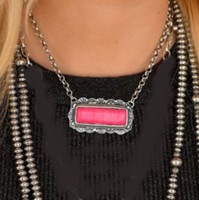 Pink Stone Etched Edge Bar Pendant Necklace