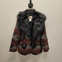 Aztec Asymmetric Zip Front Jacket with Faux Fur Collar