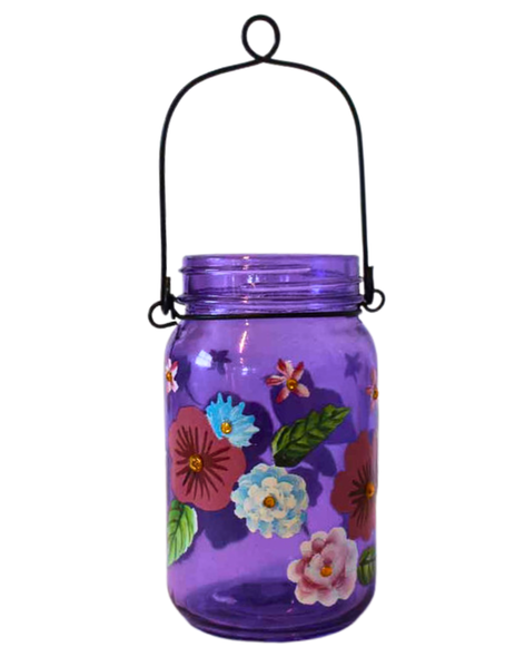 Bird & Spring Flowers Purple LED Mason Jar