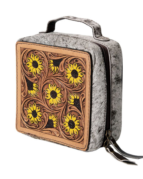 Tooled Leather and Cowhide Floral Jewelry Case