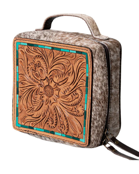 Tooled Leather and Cowhide Floral Jewelry Case
