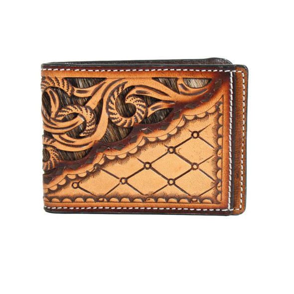 Tooled Leather Calf Hair Money Clip Wallet