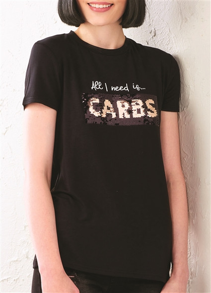 Black Cardio or Carbs Reversible Sequin Graphic T-Shirt