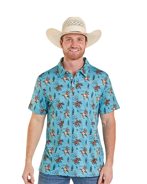 Teal Roping Cowboy Print Polo