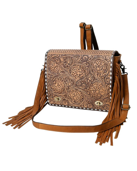 Hand-Tooled Leather Fringe Backpack Bag