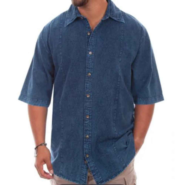 Distressed Denim Button Up Polo