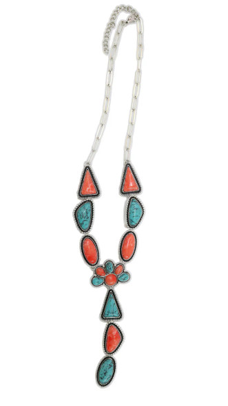 Turquoise and Coral Multi Shape Concho Lariat Necklace