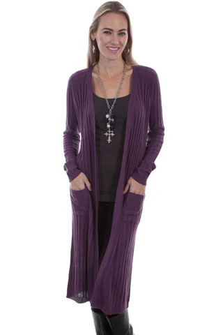 Long Ribbed Plum Cardigan