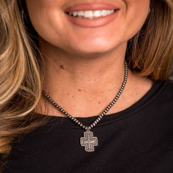 Dainty Navajo Pearl Necklace with Cross Charm