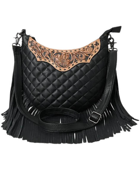 Black Quilted Leather Fringe Messenger Bag with Tooled Floral Yoke
