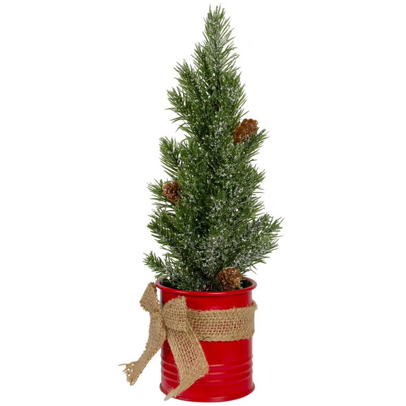 Frosted Upswept Mini Pine Christmas Tree in Red Tin Pot