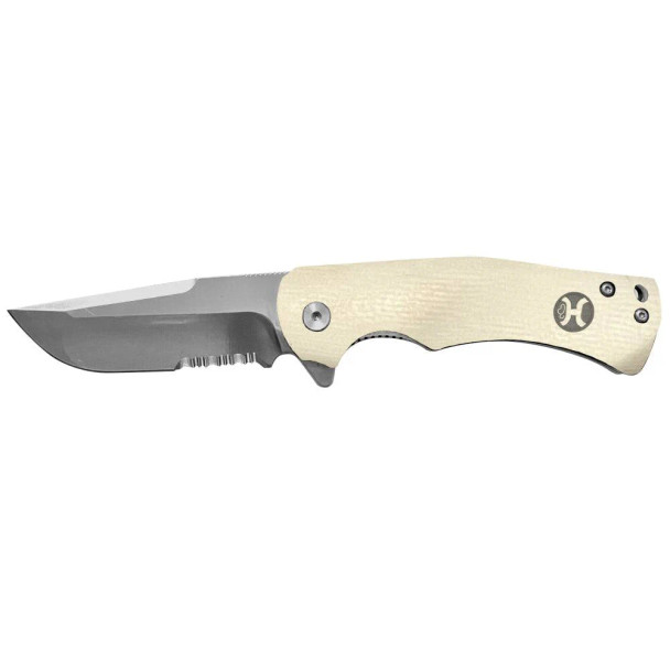 White G10 Drop Point Flipper Serrated Blade Knife