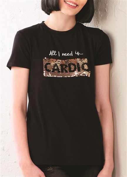 Black Cardio or Carbs Reversible Sequin Graphic T-Shirt