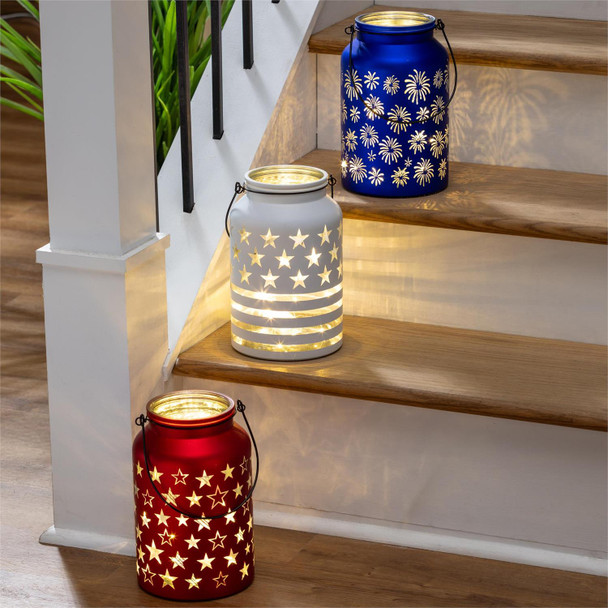 Patriotic LED Glass Lantern Table Décor