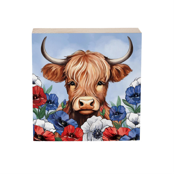 Patriotic Highland Cow Wood Block Sign