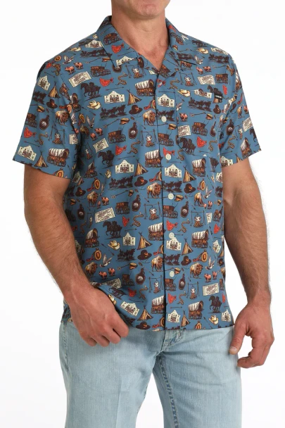 Blue Old West Scene Camp Shirt