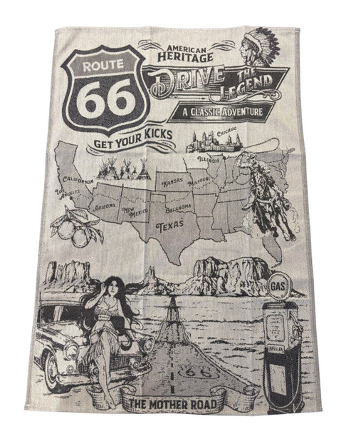 Black Route 66 Map Jacquard Woven Cotton Tea Towel