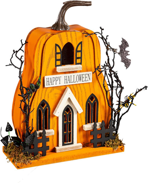 LED Wood "Happy Halloween" Haunted Pumpkin House