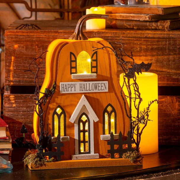 LED Wood "Happy Halloween" Haunted Pumpkin House