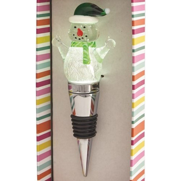 Snowman with Green Light-Up Glass Bottle Stopper