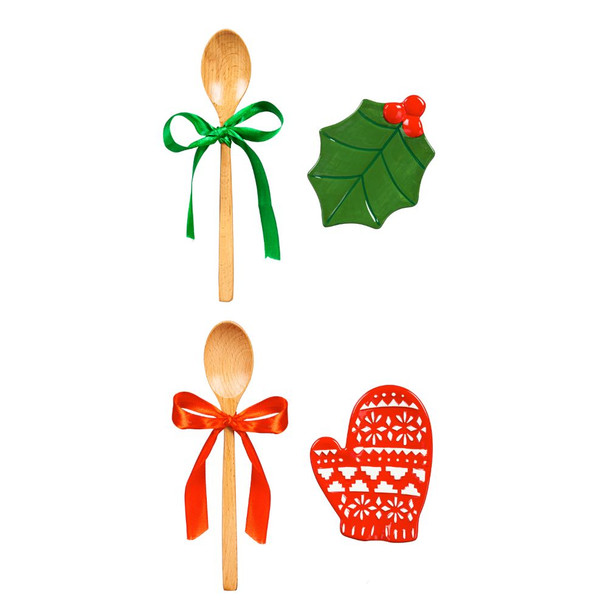 Christmas Ceramic Spoon Rest with Wood Spoon