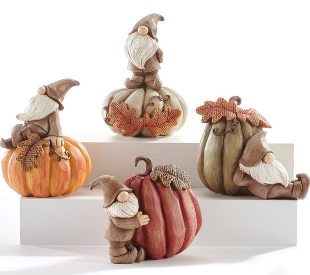 Carved Gnome and Pumpkin Figurine