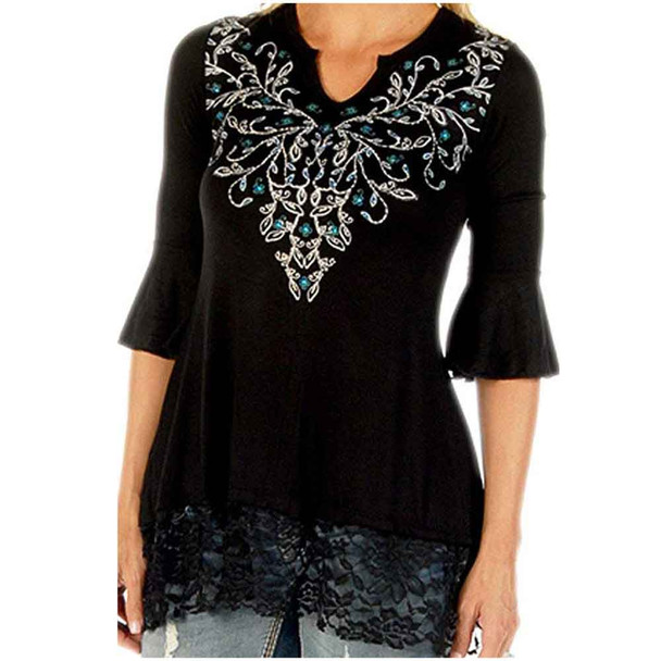 Sapphire Vines, Split V-Neck Rhinestone Top (01-030-0001)