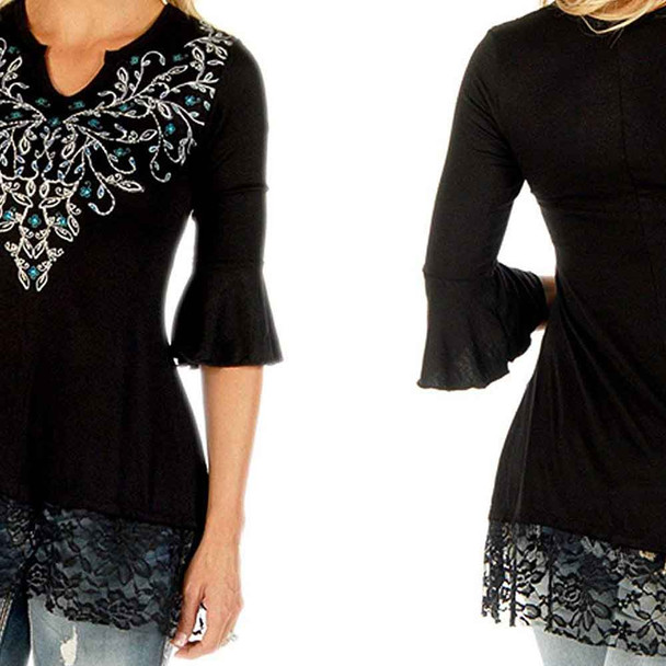Sapphire Vines, Split V-Neck Rhinestone Top (01-030-0001)