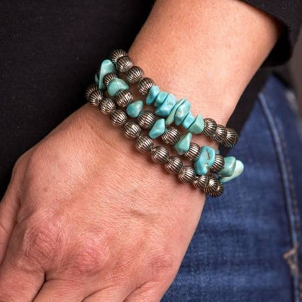 3 Strand Turquoise Chunk and Melon Bead Stretch Bracelet Set