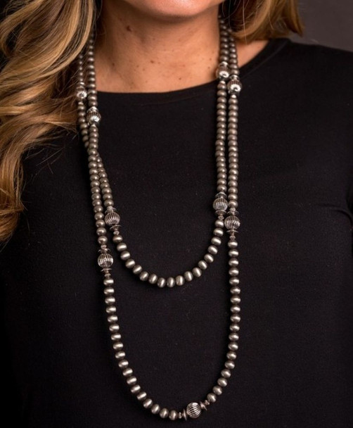 66" Faux Navajo Pearl Beaded Necklace with Melon Bead Accents