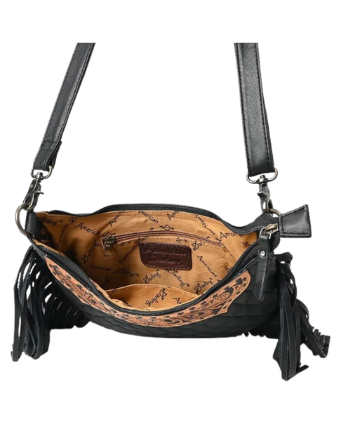 Black Quilted Leather Fringe Messenger Bag with Tooled Floral Yoke