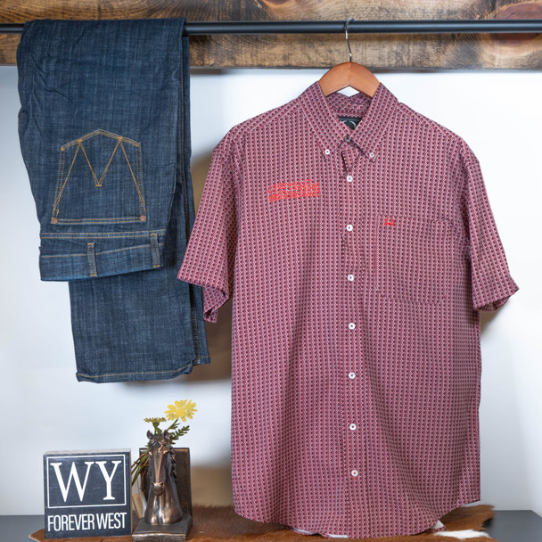 Burgundy Script Short Sleeve Button Down Shirt