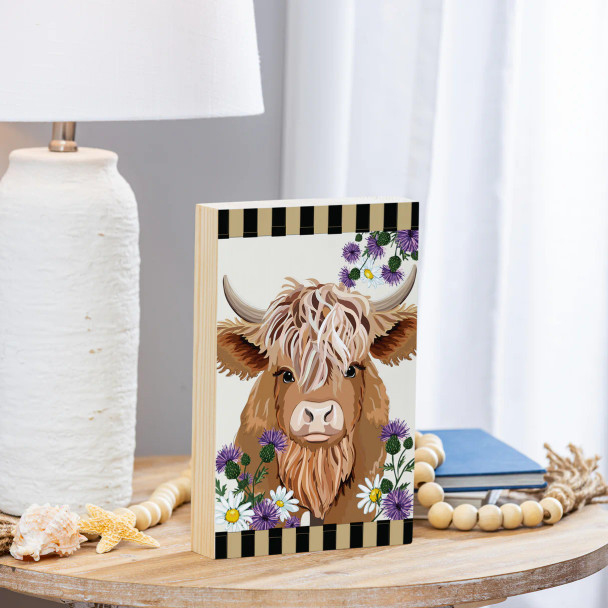 Petal & Plow Highland Cow Sign Wood Block