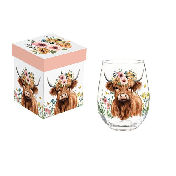 Farm Highland Cow Stemless Wine Glass