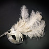 Handheld Stick Mask | Feather Masquerade Mask White Silver M6150