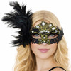 Black Gold Venetian Masquerade Mask with Feather Rhinestone Carnival Mardi Gras Mask