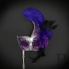 Venetian Feather Stick Masquerade Mask, Stick Masquerade Masks, Mardi Gras Silver Purple Masquerade Ball Mask