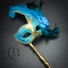 Venetian Feather Stick Masquerade Mask, Stick Masquerade Masks, Mardi Gras Gold Mint Blue Masquerade Ball Mask