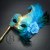Venetian Feather Stick Masquerade Mask, Stick Masquerade Masks, Mardi Gras Gold Mint Blue Masquerade Ball Mask