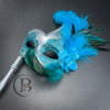 Venetian Feather Stick Masquerade Mask, Stick Masquerade Masks, Mardi Gras Silver Mint Blue Masquerade Ball Mask