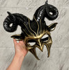 goat ram horns, goat mask, animal mask, ram mask, halloween mask, devil masquerade mask, devil costume, devil horns, costume mask, scary devil mask, cosplay horns, cosplay costumes, cosplay ram horns, jesters horns, cosplayers, comic con costumes, comic con. gold goat mask. gold ram mask.