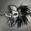 Women Side Feather Phantom Masquerade Mask Silver Black