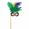 Mardi Gras Feather Mask on Stick Green Purple Gold Venetian Masquerade Mask Carnival Party Accessory