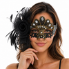 Black Gold Masquerade Mask for Women – Venetian Lace Mask with Feathers & Rhinestones